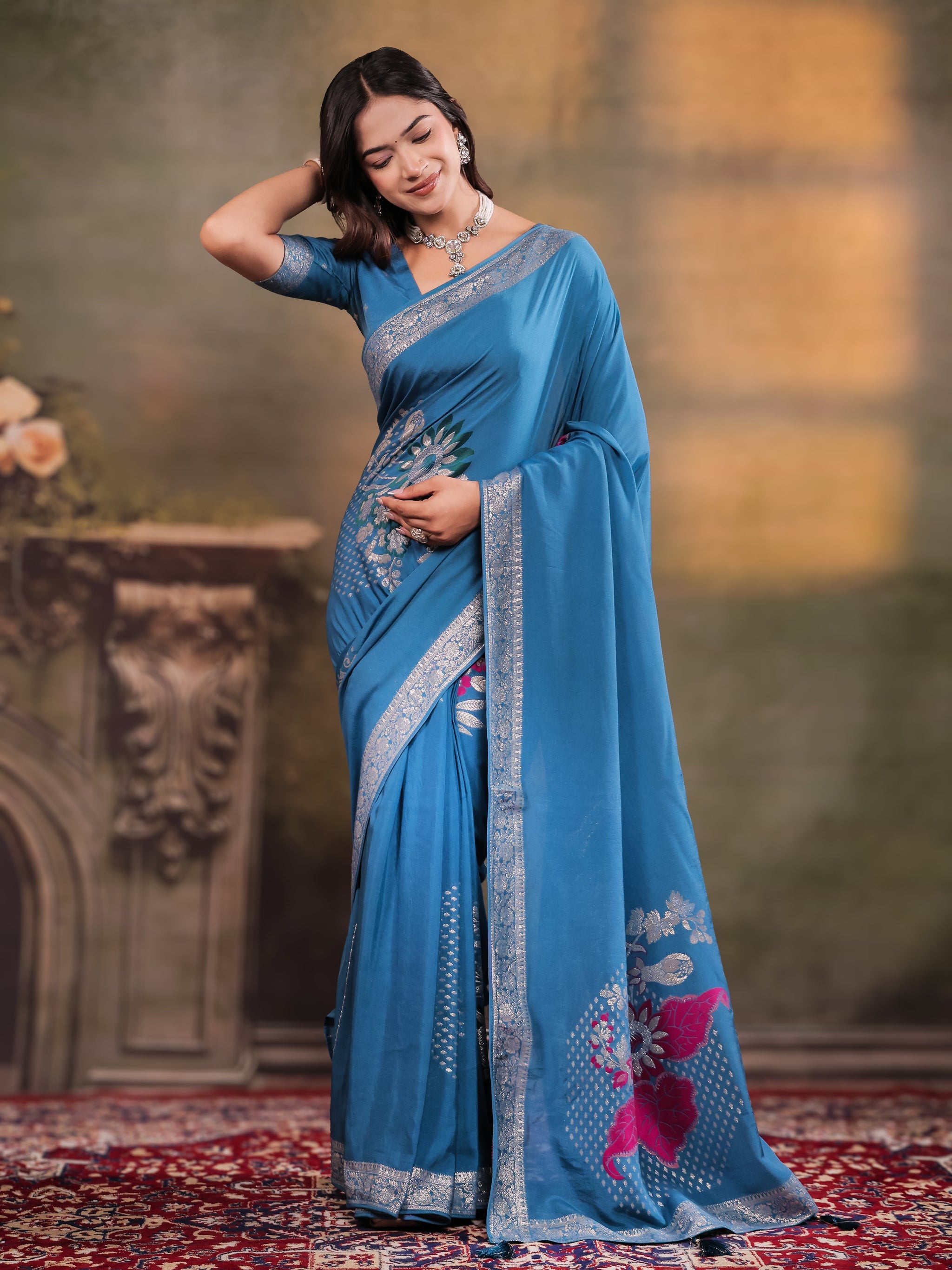 Sky Blue Nylon Viscose Pure Saree with Silver Woven Border, Floral Designer Motifs, Elegant Pallu & Tassel Edges