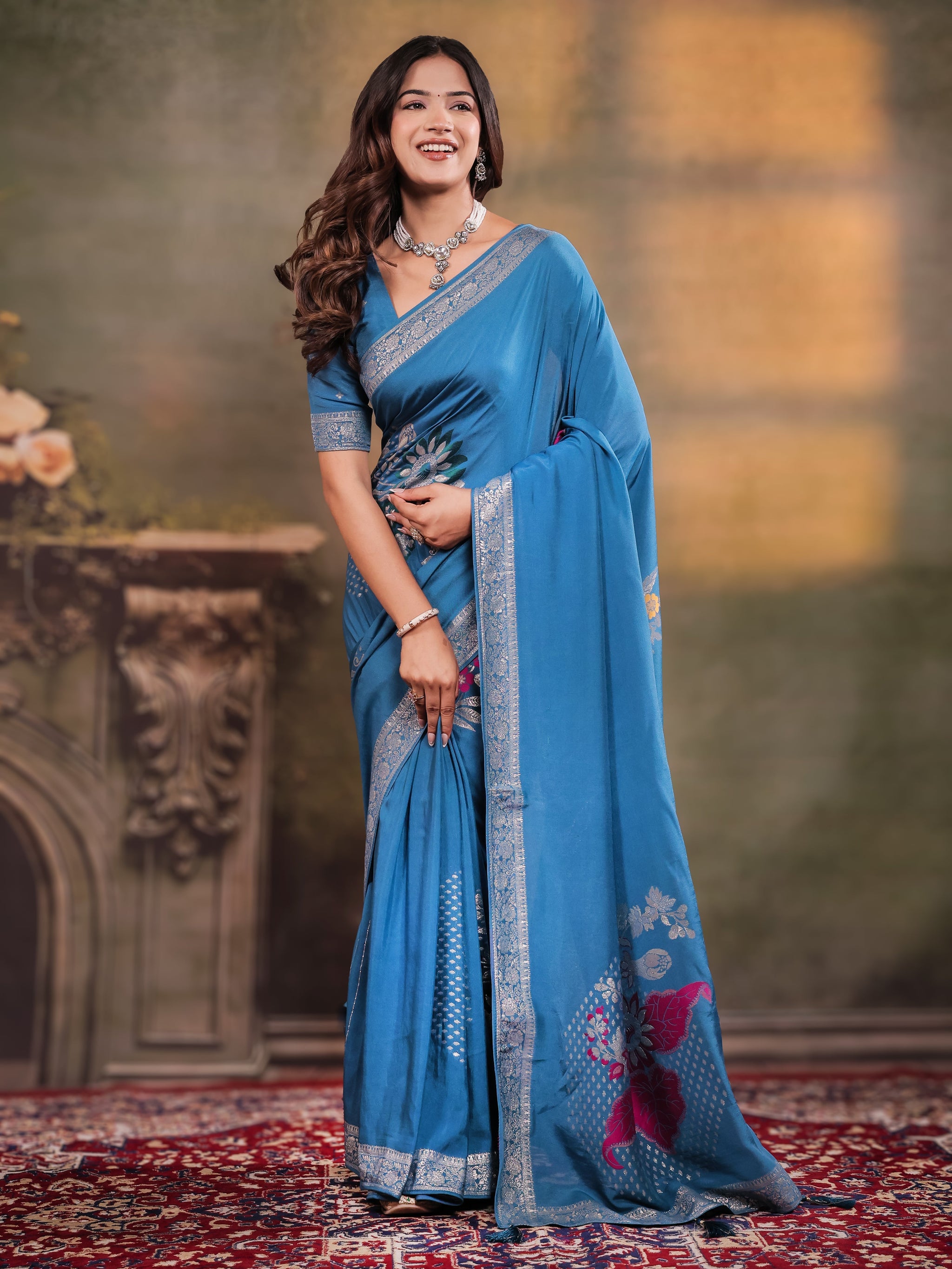 Sky Blue Nylon Viscose Pure Saree with Silver Woven Border, Floral Designer Motifs, Elegant Pallu & Tassel Edges