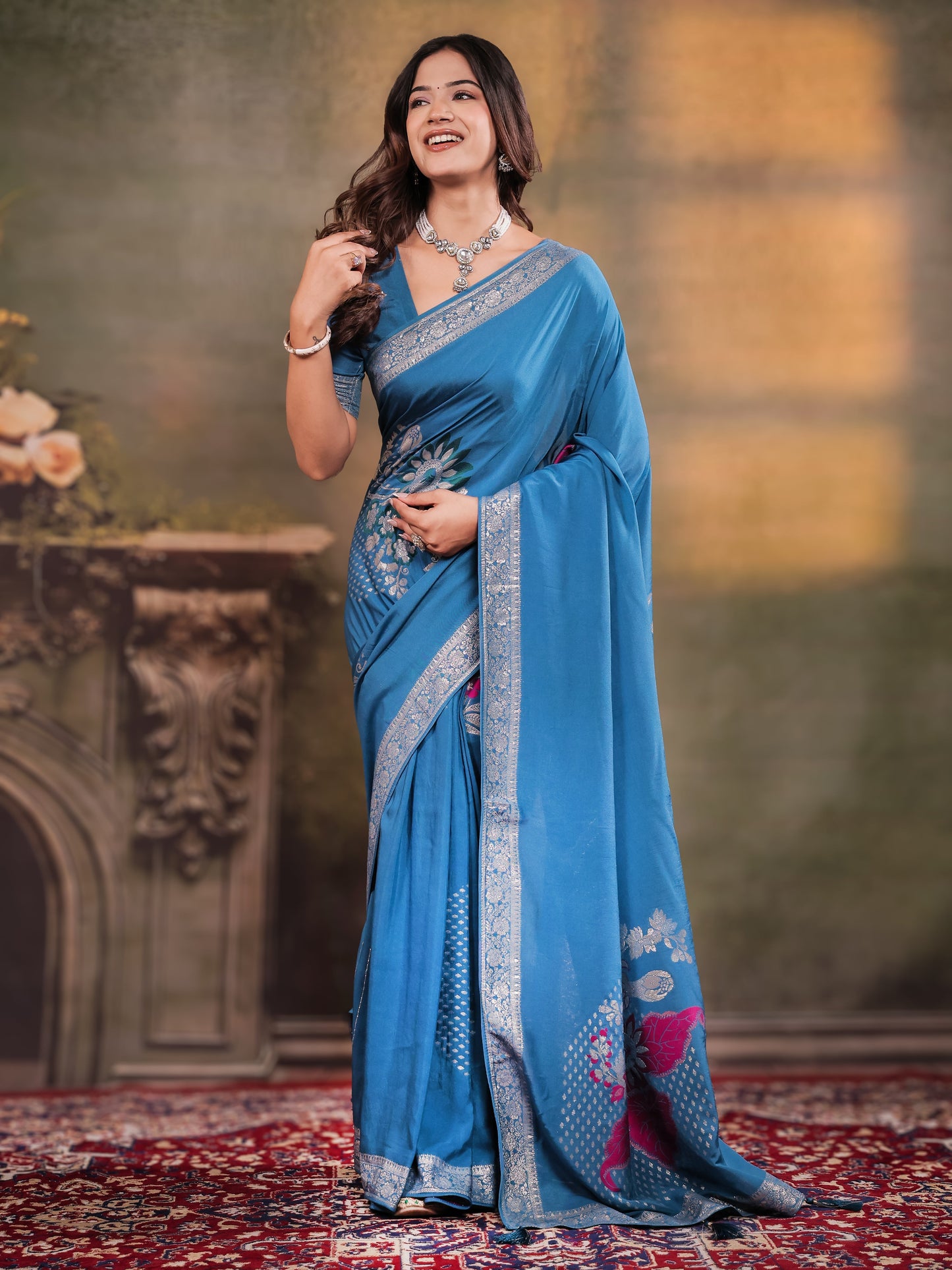 Sky Blue Nylon Viscose Pure Saree with Silver Woven Border, Floral Designer Motifs, Elegant Pallu & Tassel Edges
