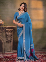 Sky Blue Nylon Viscose Pure Saree with Silver Woven Border, Floral Designer Motifs, Elegant Pallu & Tassel Edges