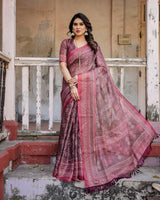 Printed Onion Linen Saree for Women with Multicolor Pallu and Ethnic Border – Lightweight Casual Wear