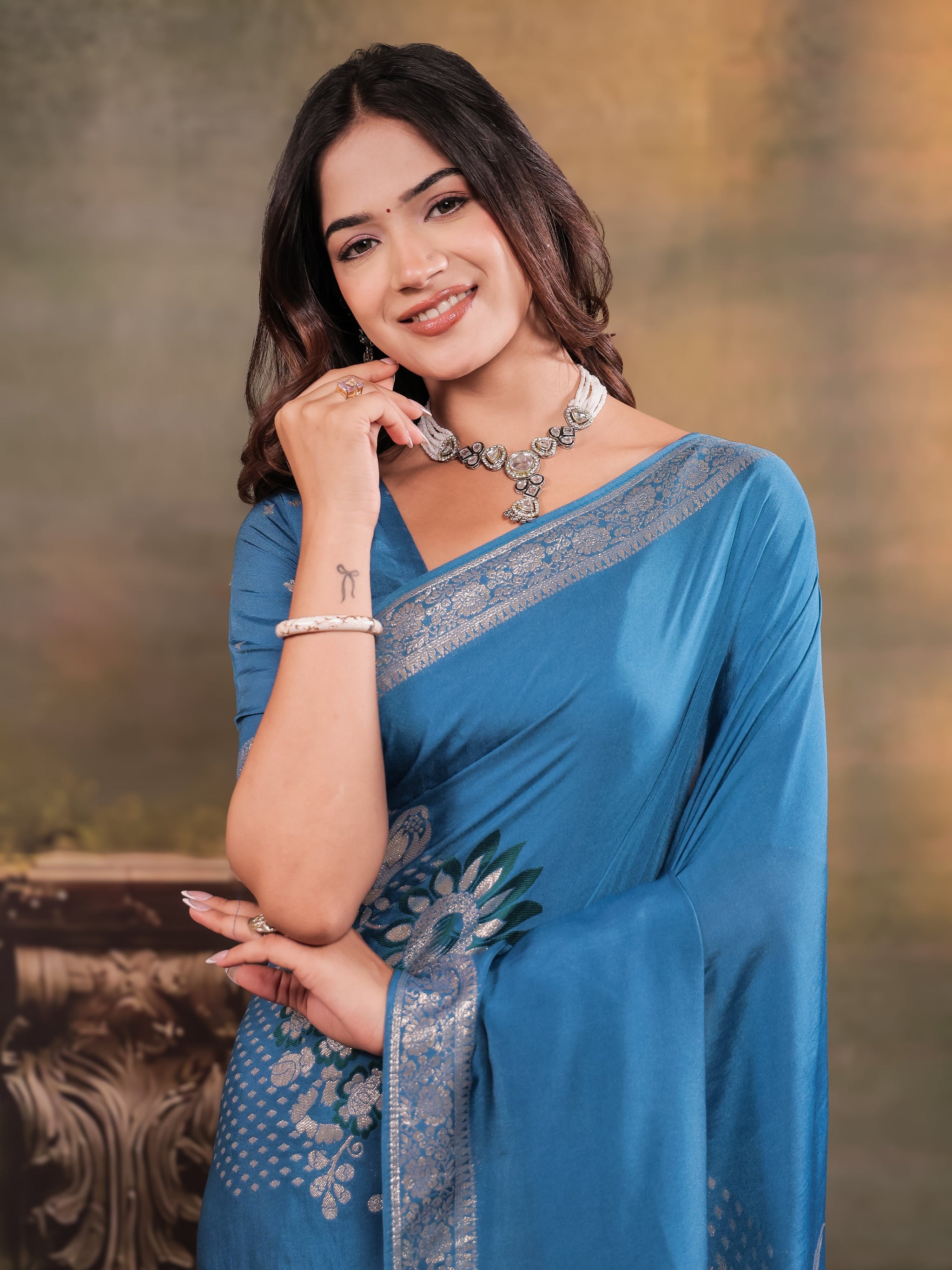 Sky Blue Nylon Viscose Pure Saree with Silver Woven Border, Floral Designer Motifs, Elegant Pallu & Tassel Edges