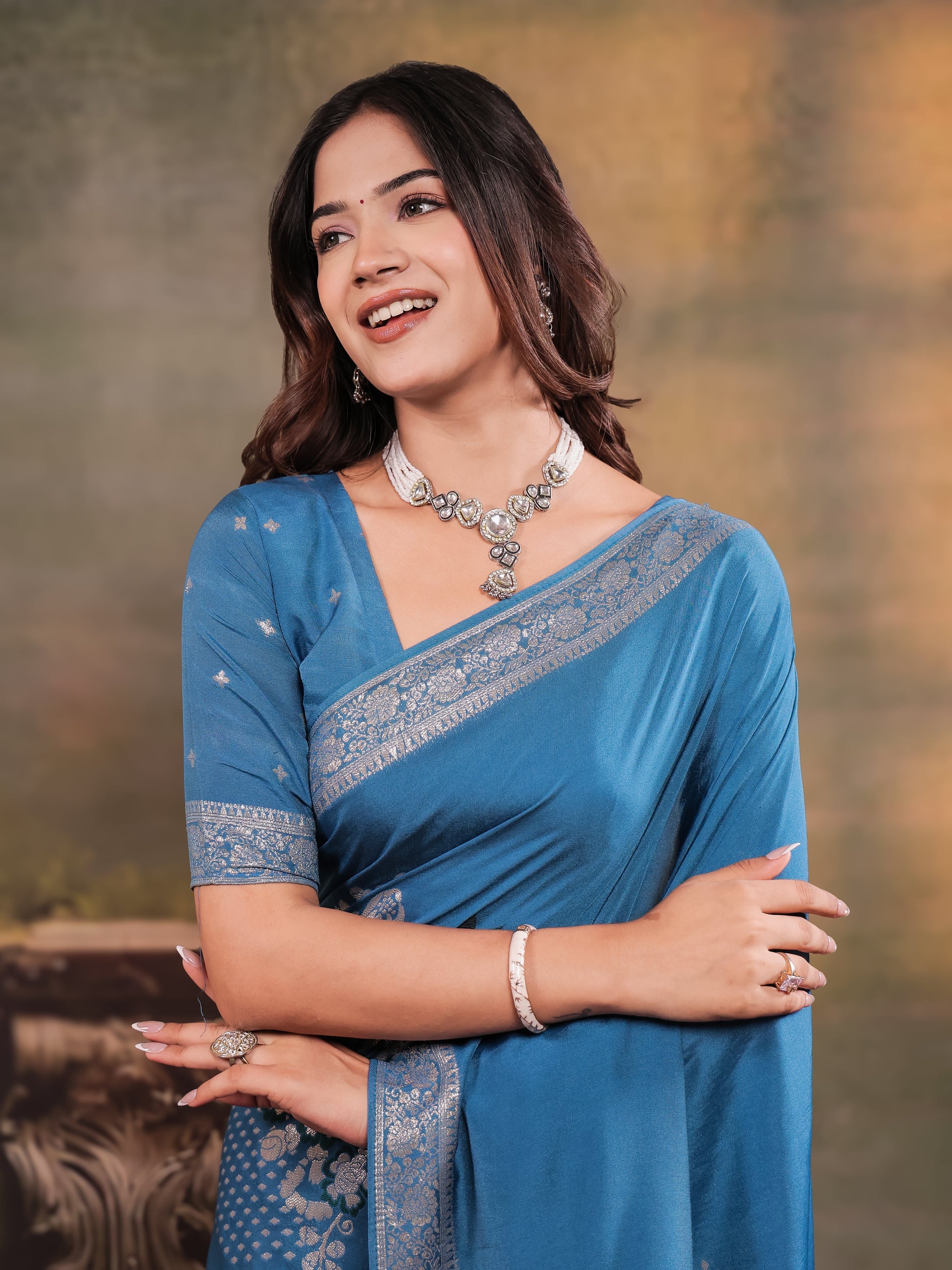 Sky Blue Nylon Viscose Pure Saree with Silver Woven Border, Floral Designer Motifs, Elegant Pallu & Tassel Edges