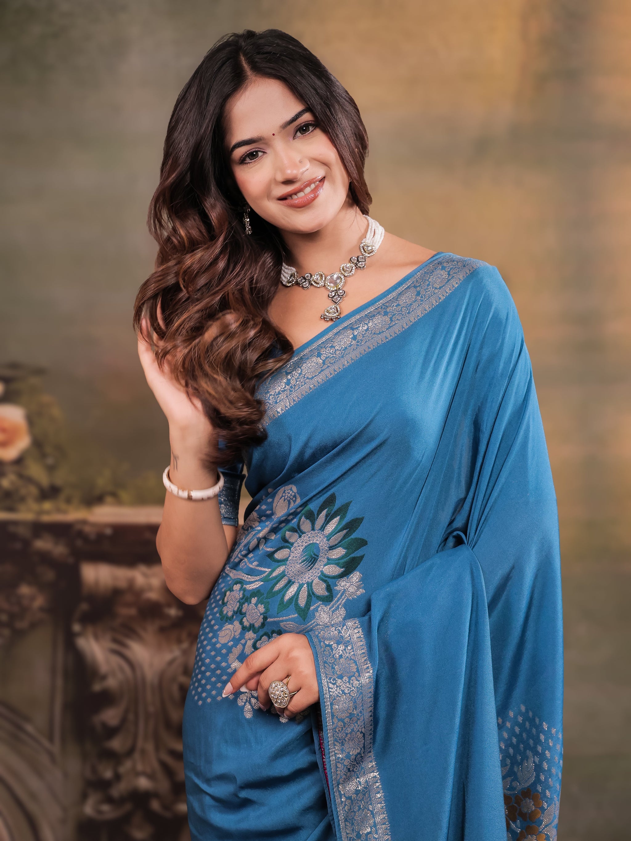Sky Blue Nylon Viscose Pure Saree with Silver Woven Border, Floral Designer Motifs, Elegant Pallu & Tassel Edges