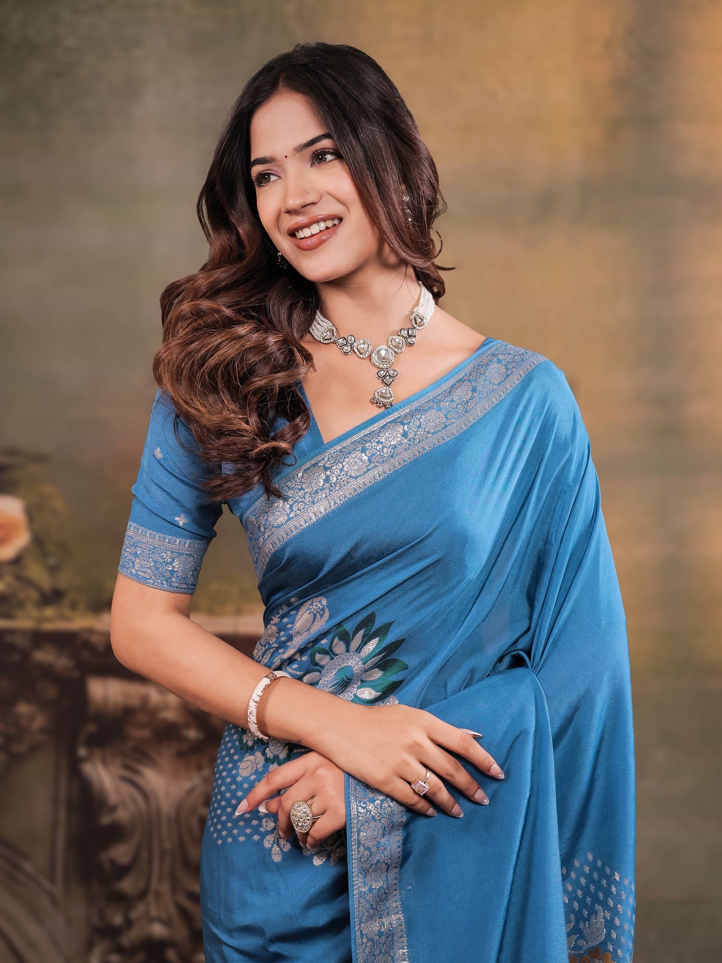 Sky Blue Nylon Viscose Pure Saree with Silver Woven Border, Floral Designer Motifs, Elegant Pallu & Tassel Edges