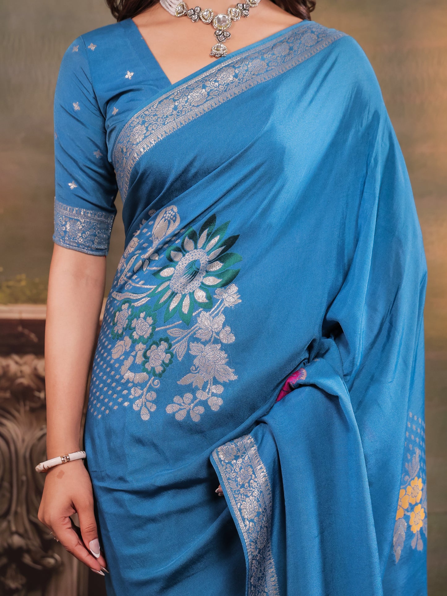 Sky Blue Nylon Viscose Pure Saree with Silver Woven Border, Floral Designer Motifs, Elegant Pallu & Tassel Edges