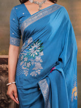Sky Blue Nylon Viscose Pure Saree with Silver Woven Border, Floral Designer Motifs, Elegant Pallu & Tassel Edges