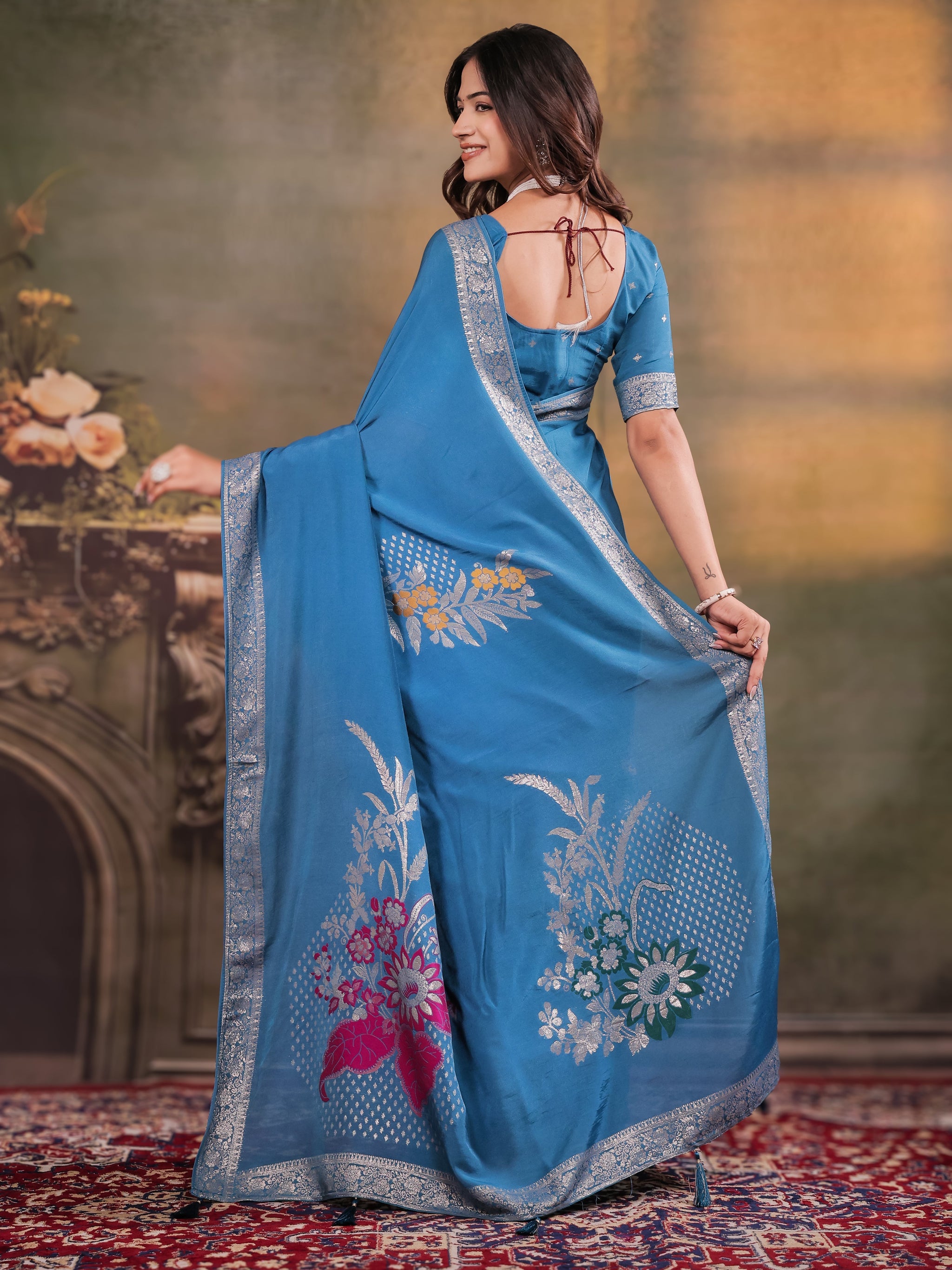 Sky Blue Nylon Viscose Pure Saree with Silver Woven Border, Floral Designer Motifs, Elegant Pallu & Tassel Edges
