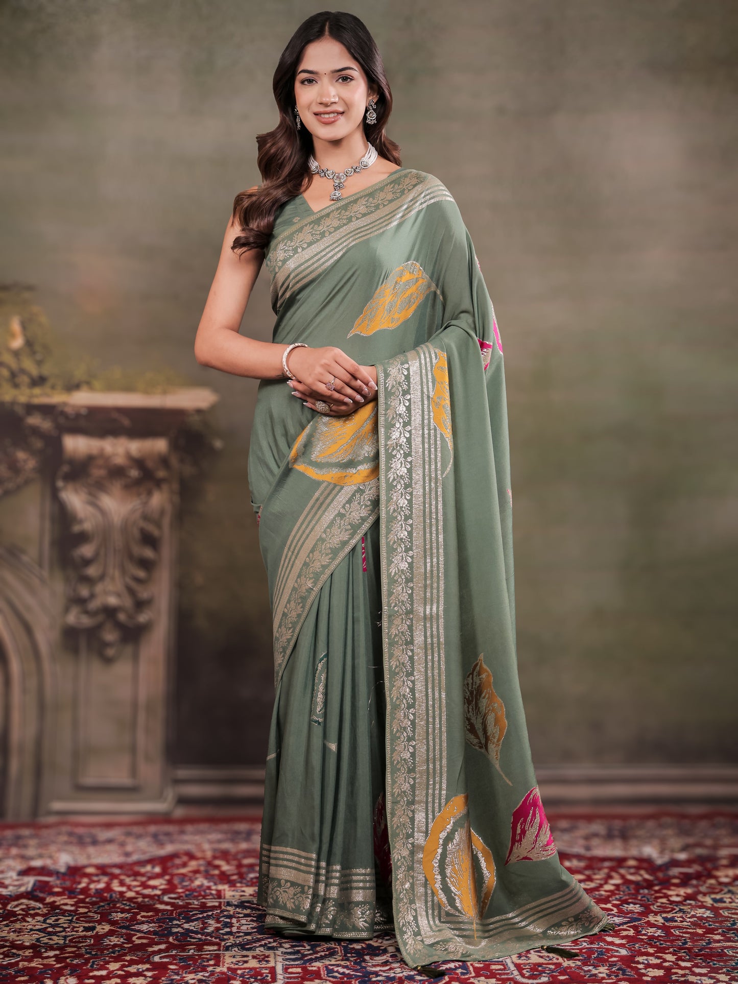 Sage Green Nylon Viscose Pure Saree with Silver Woven Border, Artistic Leaf Print Design, Elegant Pallu & Tassel Edges