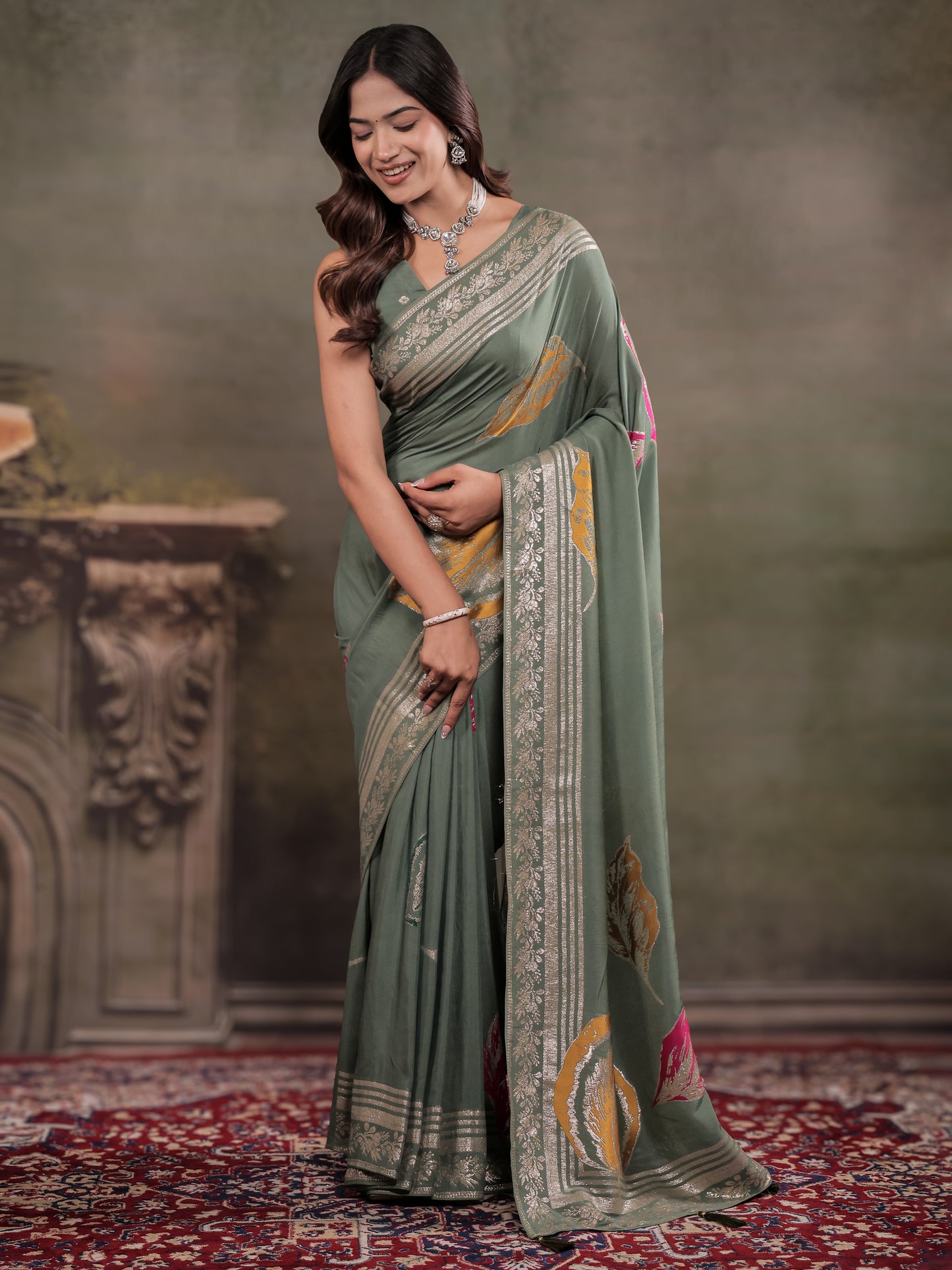 Sage Green Nylon Viscose Pure Saree with Silver Woven Border, Artistic Leaf Print Design, Elegant Pallu & Tassel Edges