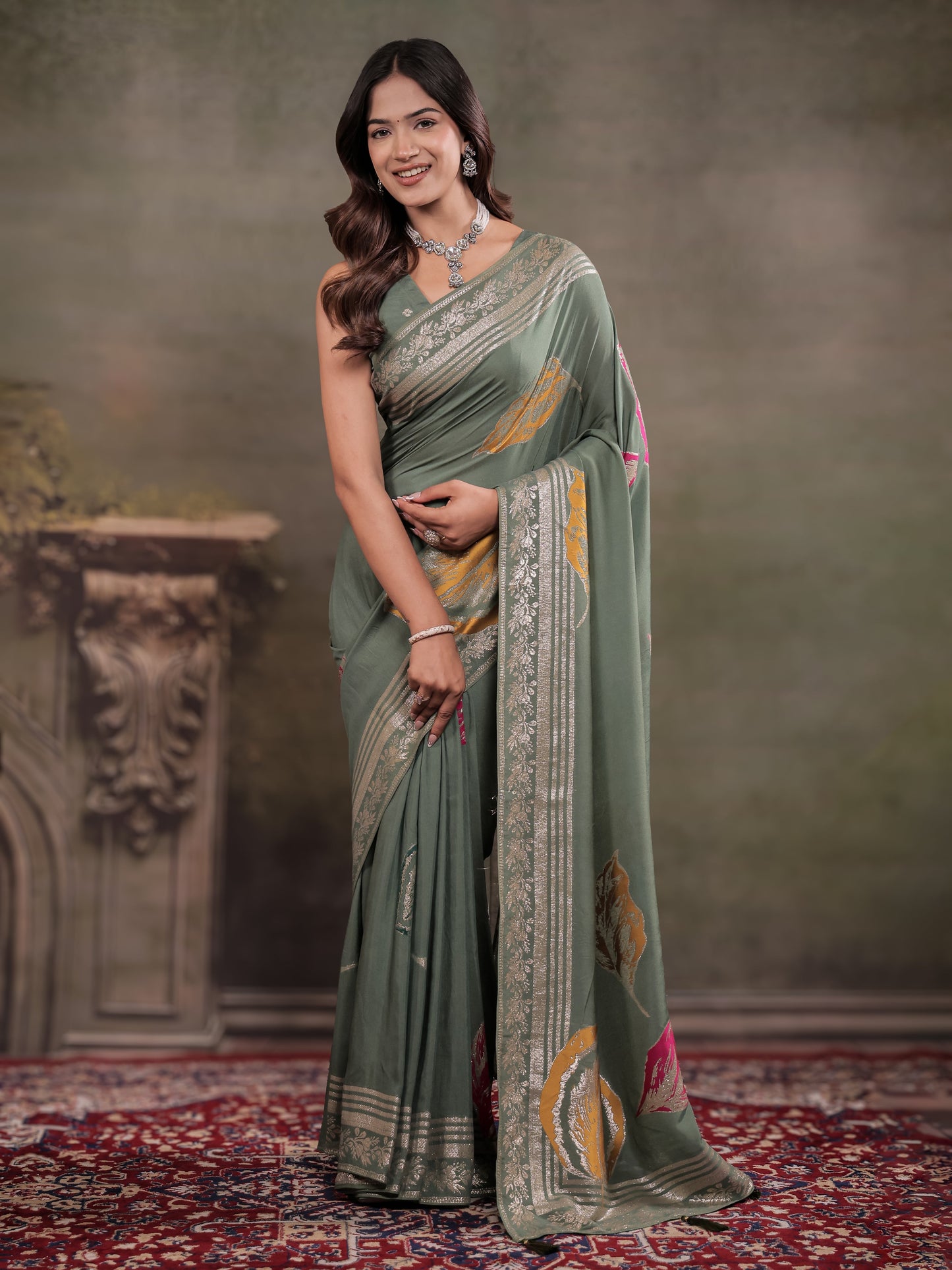 Sage Green Nylon Viscose Pure Saree with Silver Woven Border, Artistic Leaf Print Design, Elegant Pallu & Tassel Edges