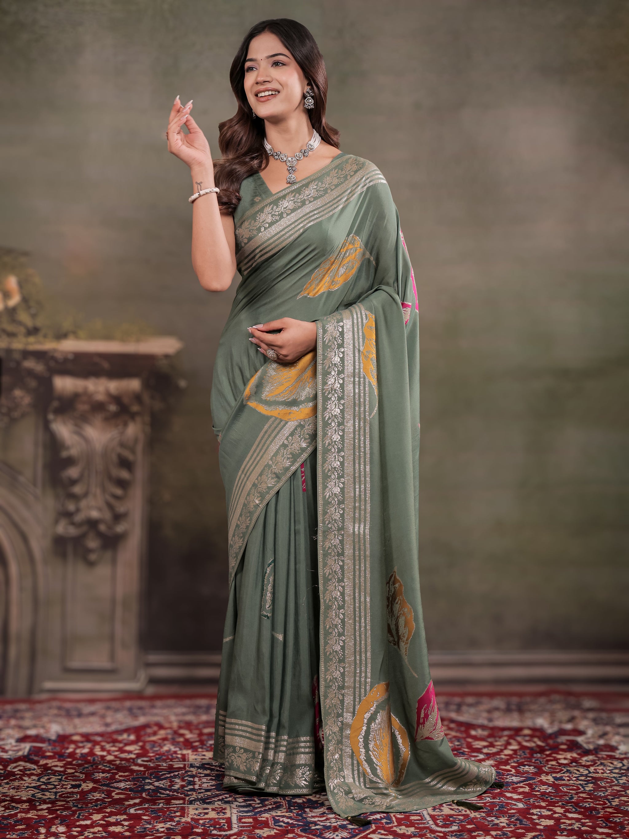 Sage Green Nylon Viscose Pure Saree with Silver Woven Border, Artistic Leaf Print Design, Elegant Pallu & Tassel Edges