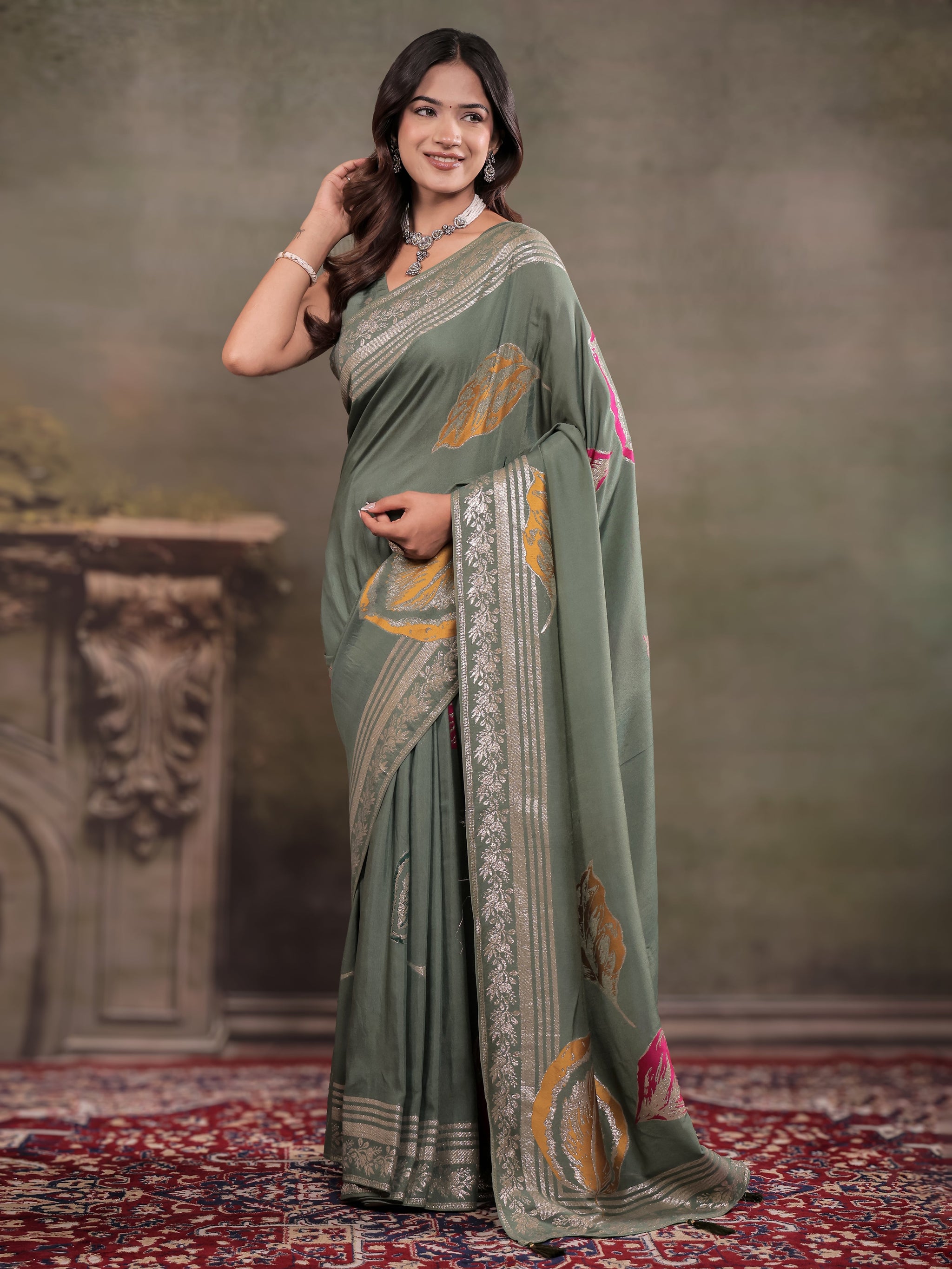 Sage Green Nylon Viscose Pure Saree with Silver Woven Border, Artistic Leaf Print Design, Elegant Pallu & Tassel Edges