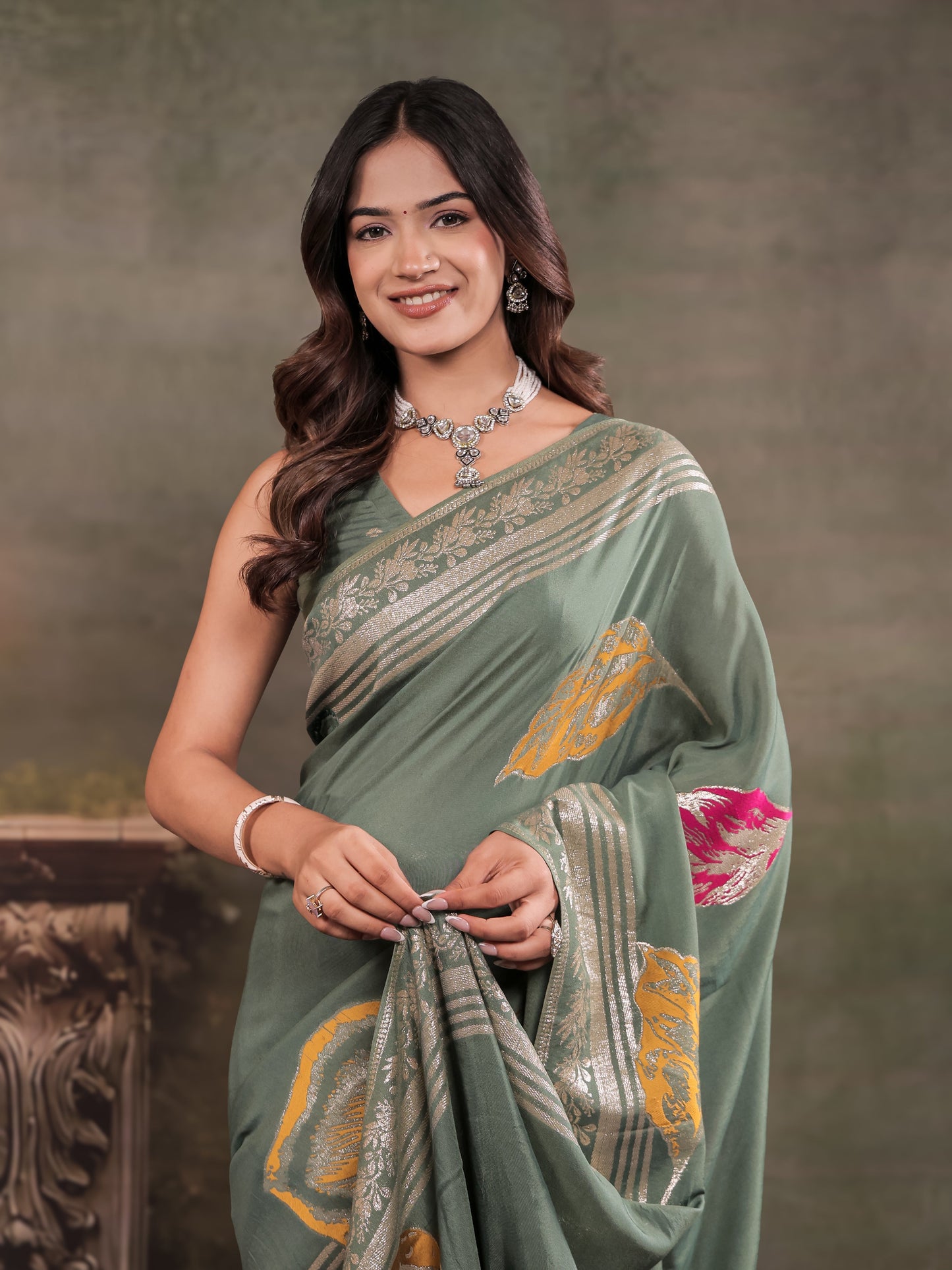 Sage Green Nylon Viscose Pure Saree with Silver Woven Border, Artistic Leaf Print Design, Elegant Pallu & Tassel Edges