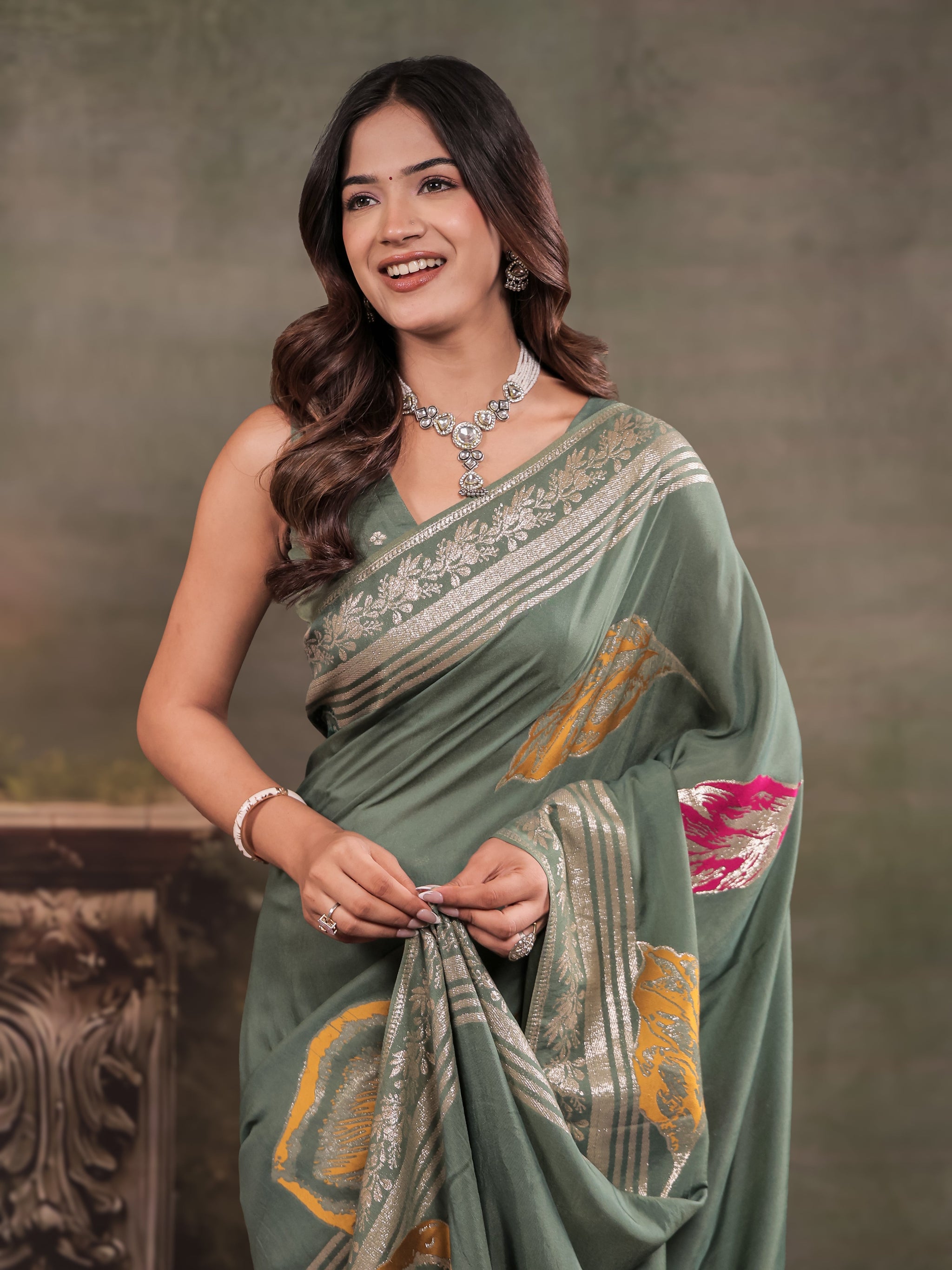 Sage Green Nylon Viscose Pure Saree with Silver Woven Border, Artistic Leaf Print Design, Elegant Pallu & Tassel Edges