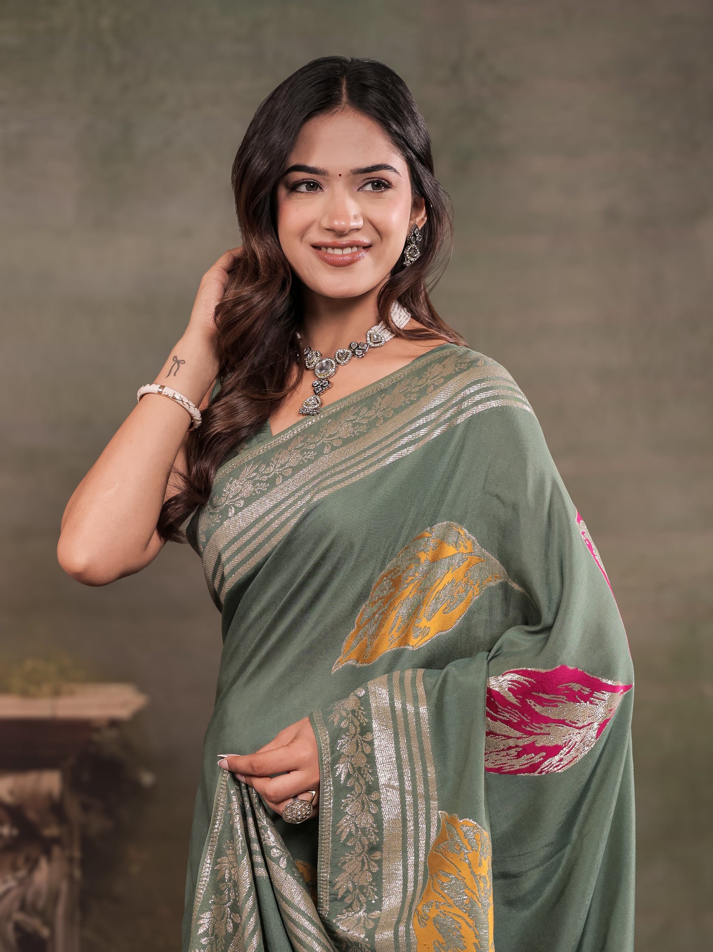 Sage Green Nylon Viscose Pure Saree with Silver Woven Border, Artistic Leaf Print Design, Elegant Pallu & Tassel Edges