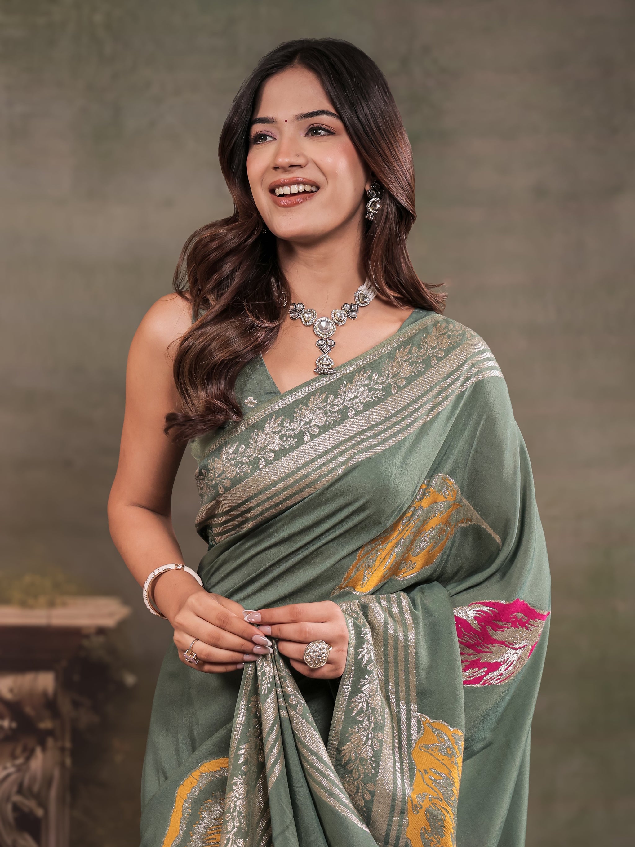 Sage Green Nylon Viscose Pure Saree with Silver Woven Border, Artistic Leaf Print Design, Elegant Pallu & Tassel Edges