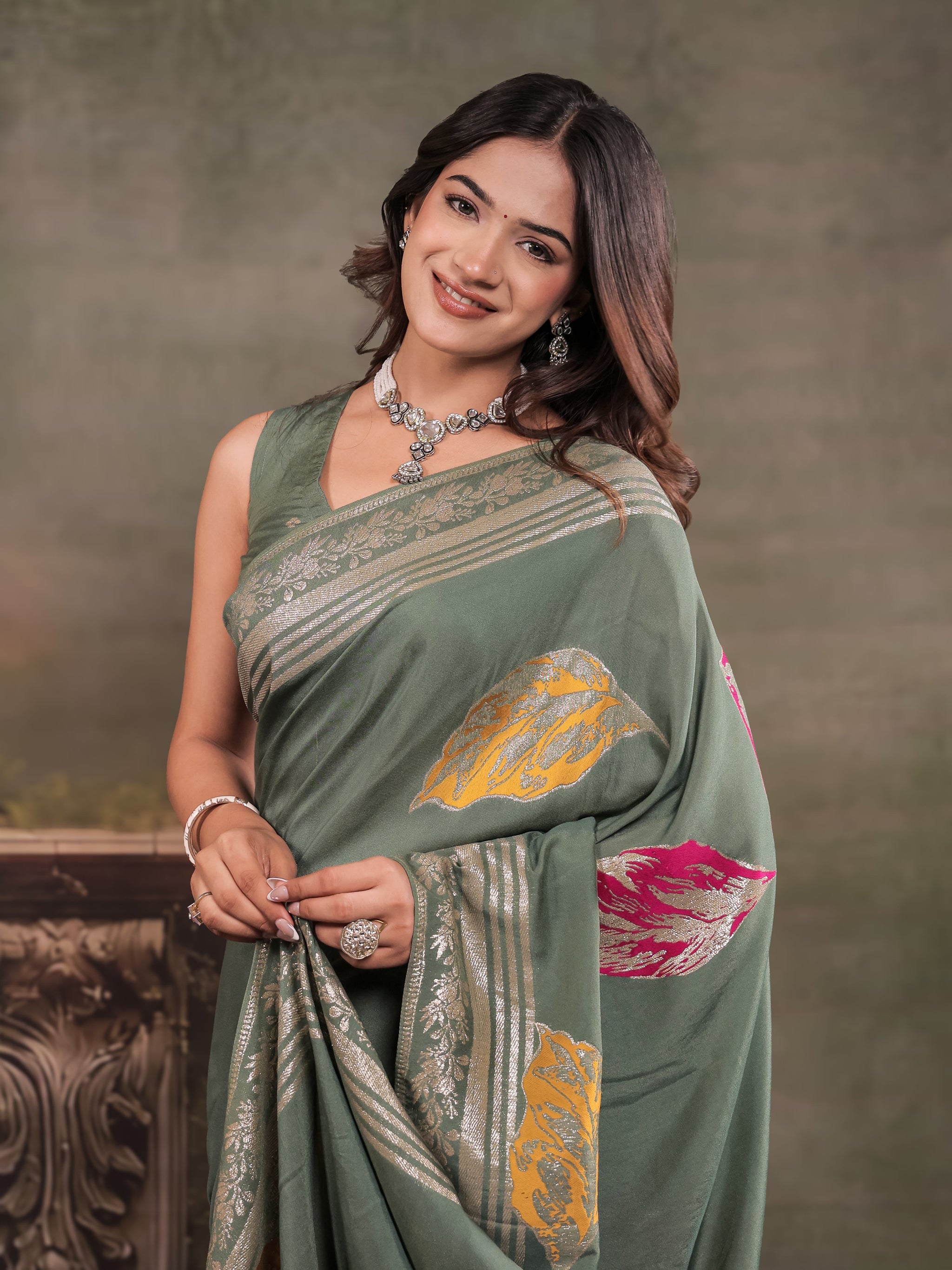 Sage Green Nylon Viscose Pure Saree with Silver Woven Border, Artistic Leaf Print Design, Elegant Pallu & Tassel Edges