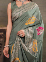 Sage Green Nylon Viscose Pure Saree with Silver Woven Border, Artistic Leaf Print Design, Elegant Pallu & Tassel Edges