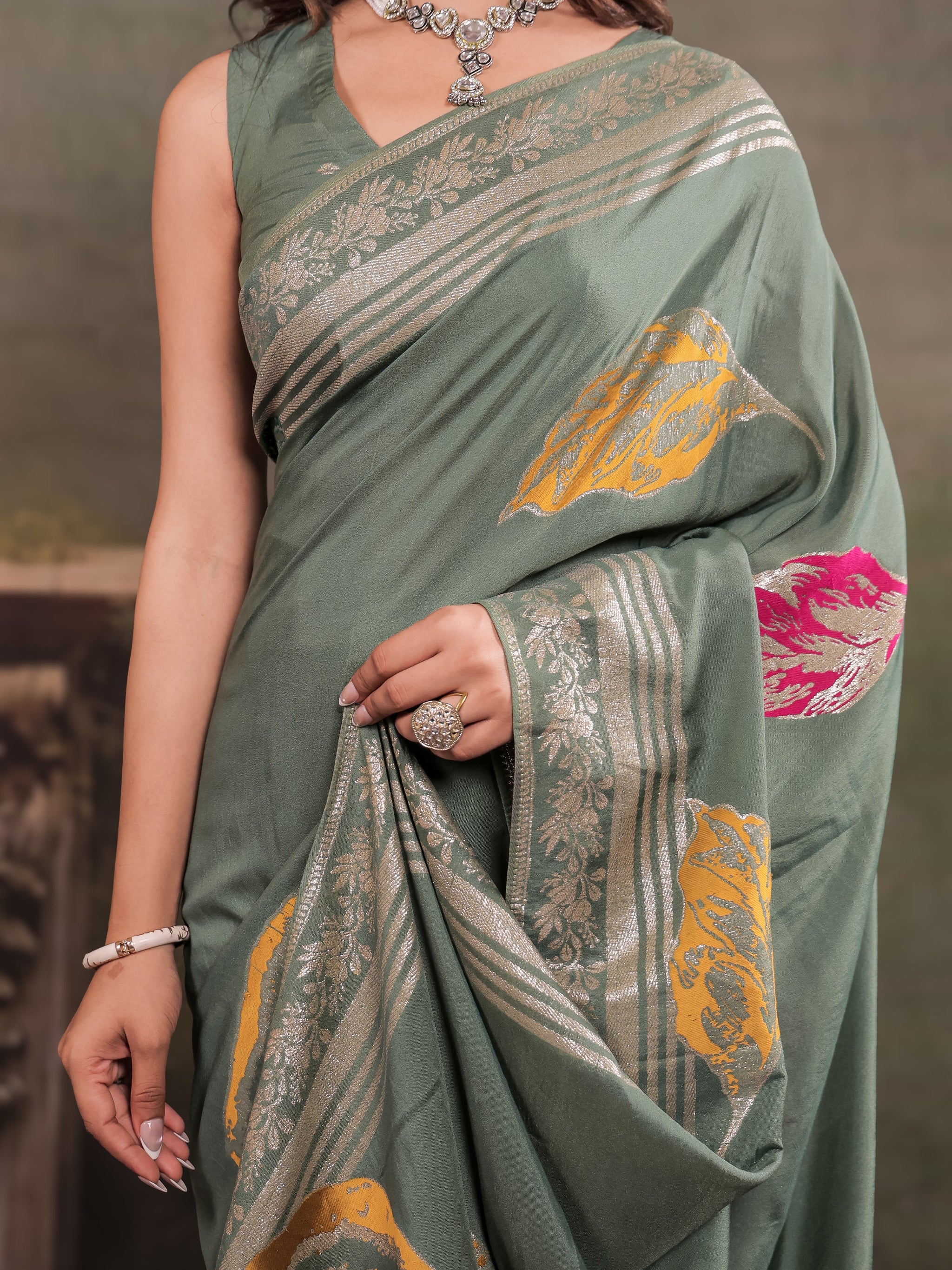 Sage Green Nylon Viscose Pure Saree with Silver Woven Border, Artistic Leaf Print Design, Elegant Pallu & Tassel Edges