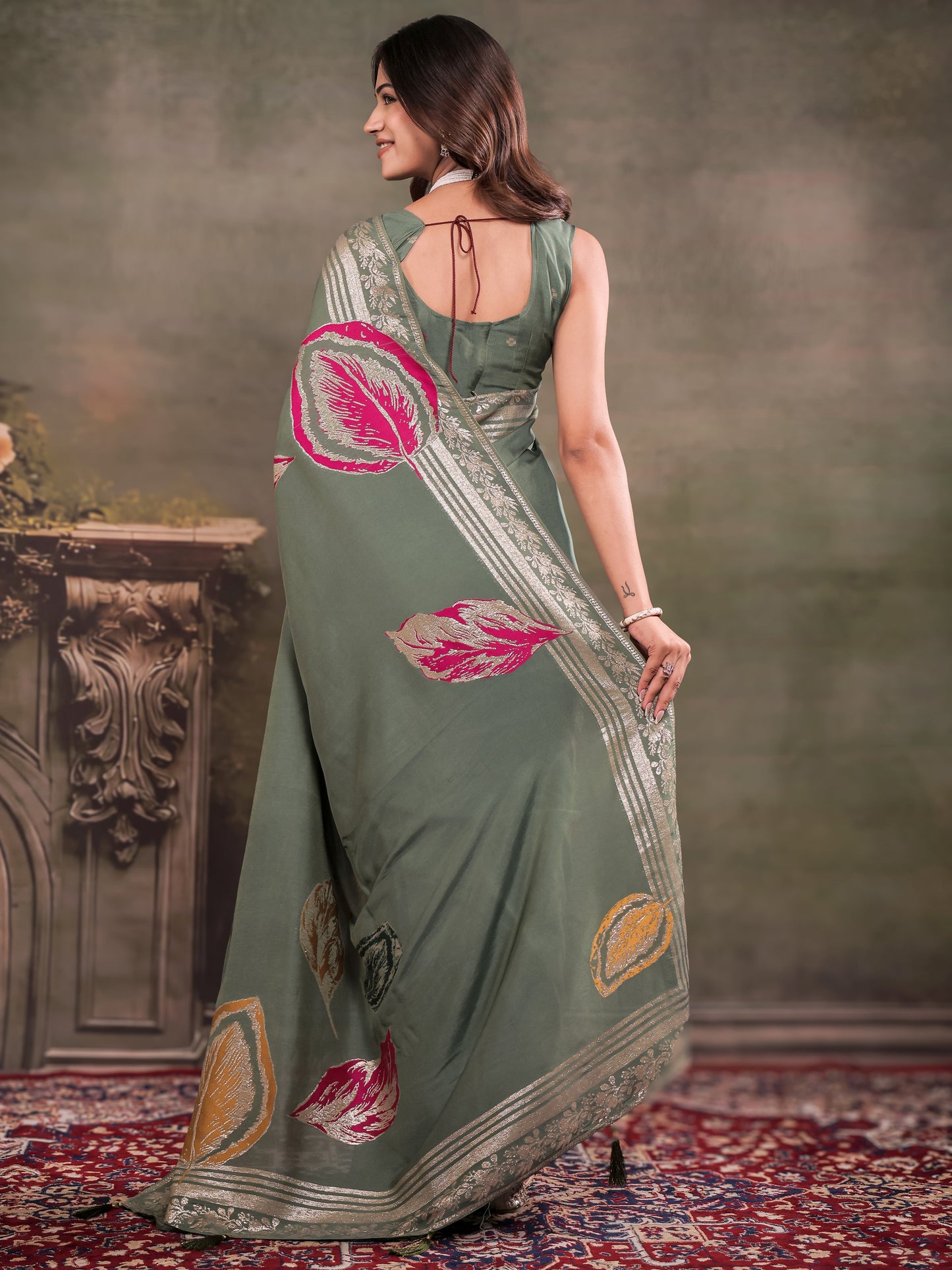 Sage Green Nylon Viscose Pure Saree with Silver Woven Border, Artistic Leaf Print Design, Elegant Pallu & Tassel Edges