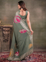 Sage Green Nylon Viscose Pure Saree with Silver Woven Border, Artistic Leaf Print Design, Elegant Pallu & Tassel Edges