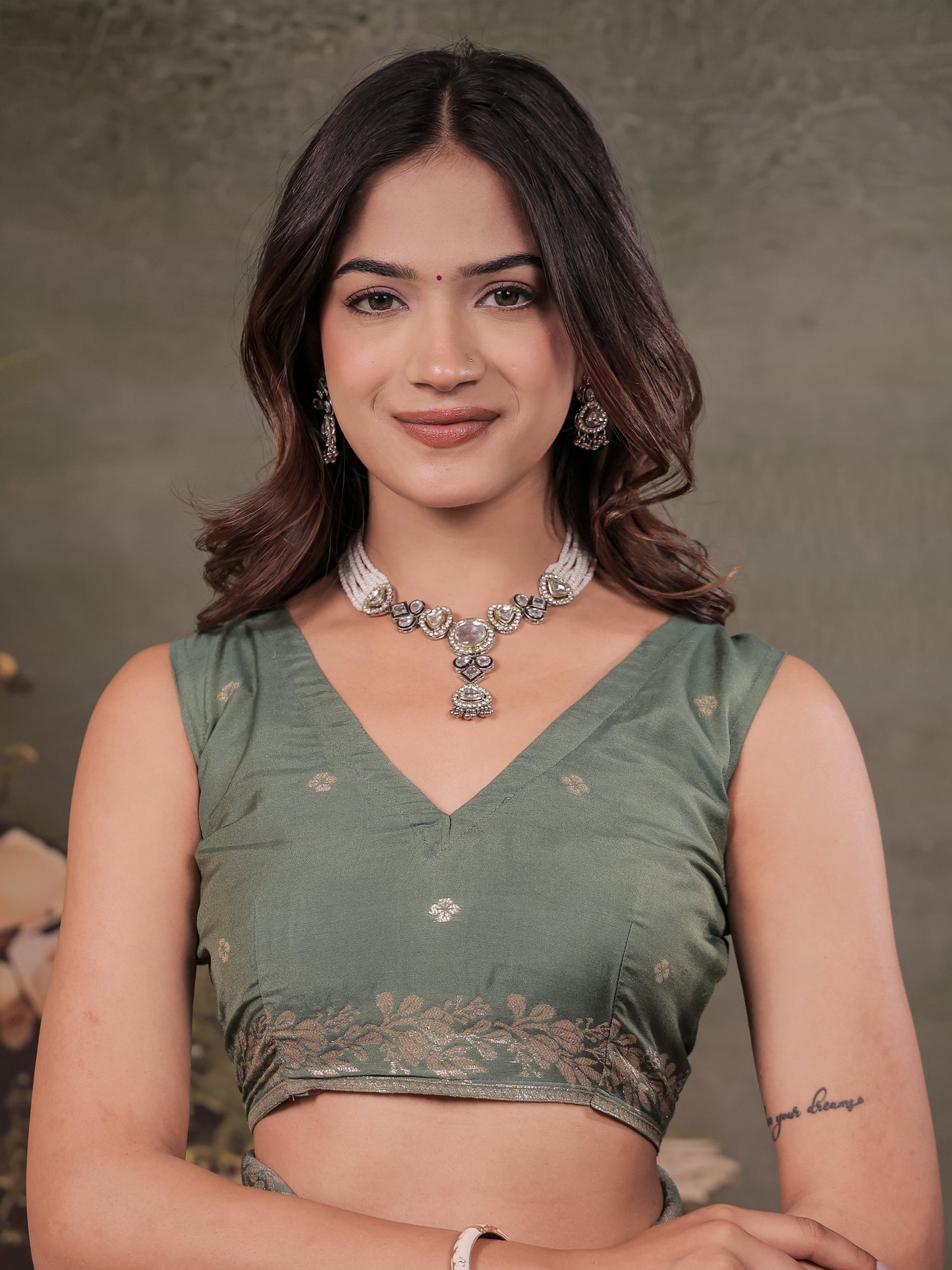 Sage Green Nylon Viscose Pure Saree with Silver Woven Border, Artistic Leaf Print Design, Elegant Pallu & Tassel Edges