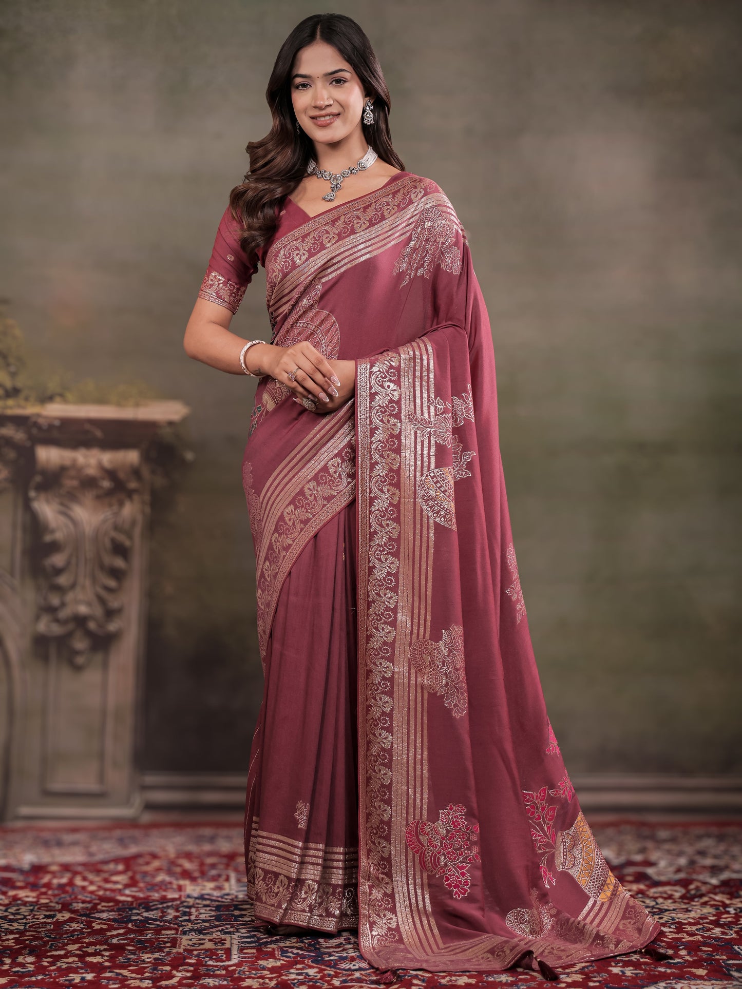Dusty Rose Nylon Viscose Pure Saree with Silver Woven Border, Floral Botanical Design, Elegant Designer Pallu & Tassel Edges