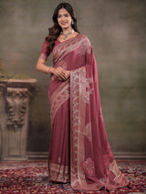 Dusty Rose Nylon Viscose Pure Saree with Silver Woven Border, Floral Botanical Design, Elegant Designer Pallu & Tassel Edges