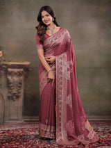 Dusty Rose Nylon Viscose Pure Saree with Silver Woven Border, Floral Botanical Design, Elegant Designer Pallu & Tassel Edges