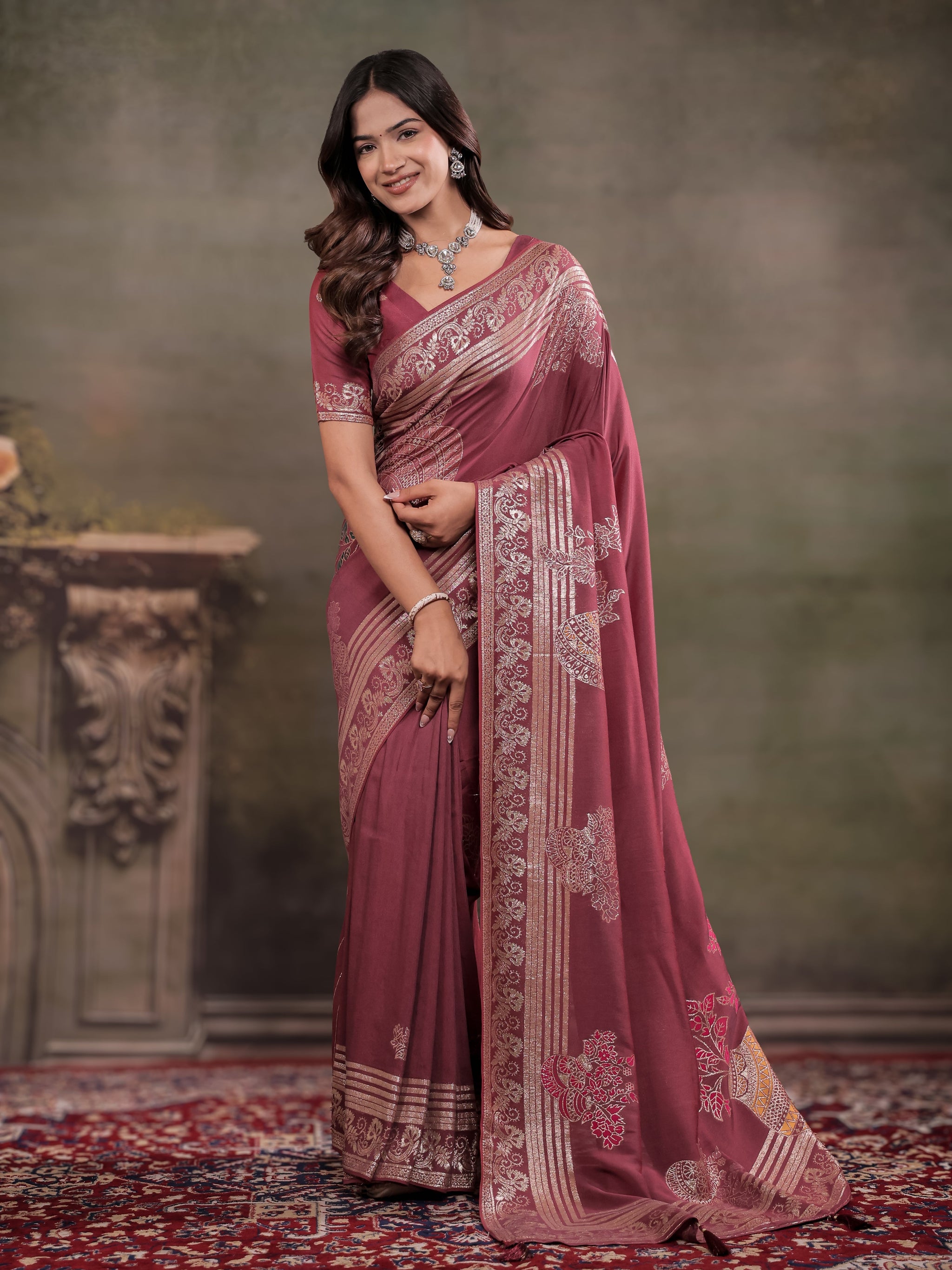 Dusty Rose Nylon Viscose Pure Saree with Silver Woven Border, Floral Botanical Design, Elegant Designer Pallu & Tassel Edges