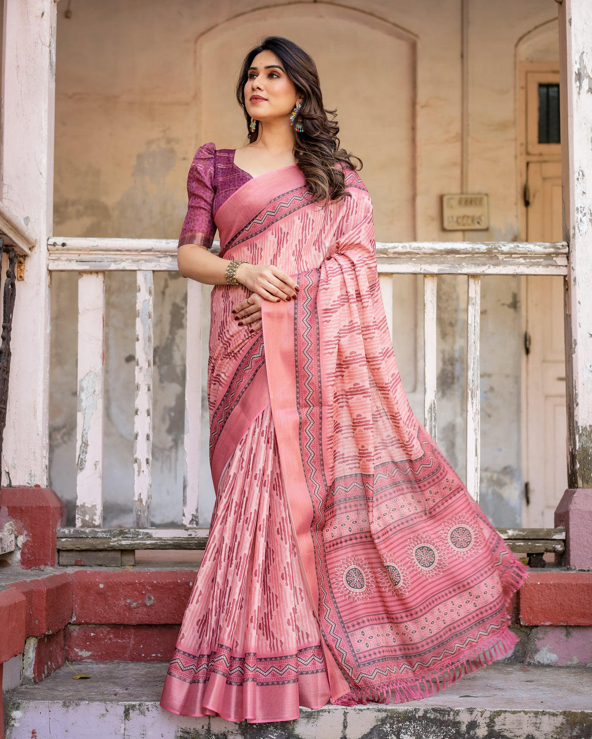 Elegant multicolor linen saree with traditional patterns lightweight festive wear