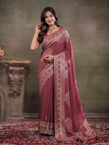 Dusty Rose Nylon Viscose Pure Saree with Silver Woven Border, Floral Botanical Design, Elegant Designer Pallu & Tassel Edges