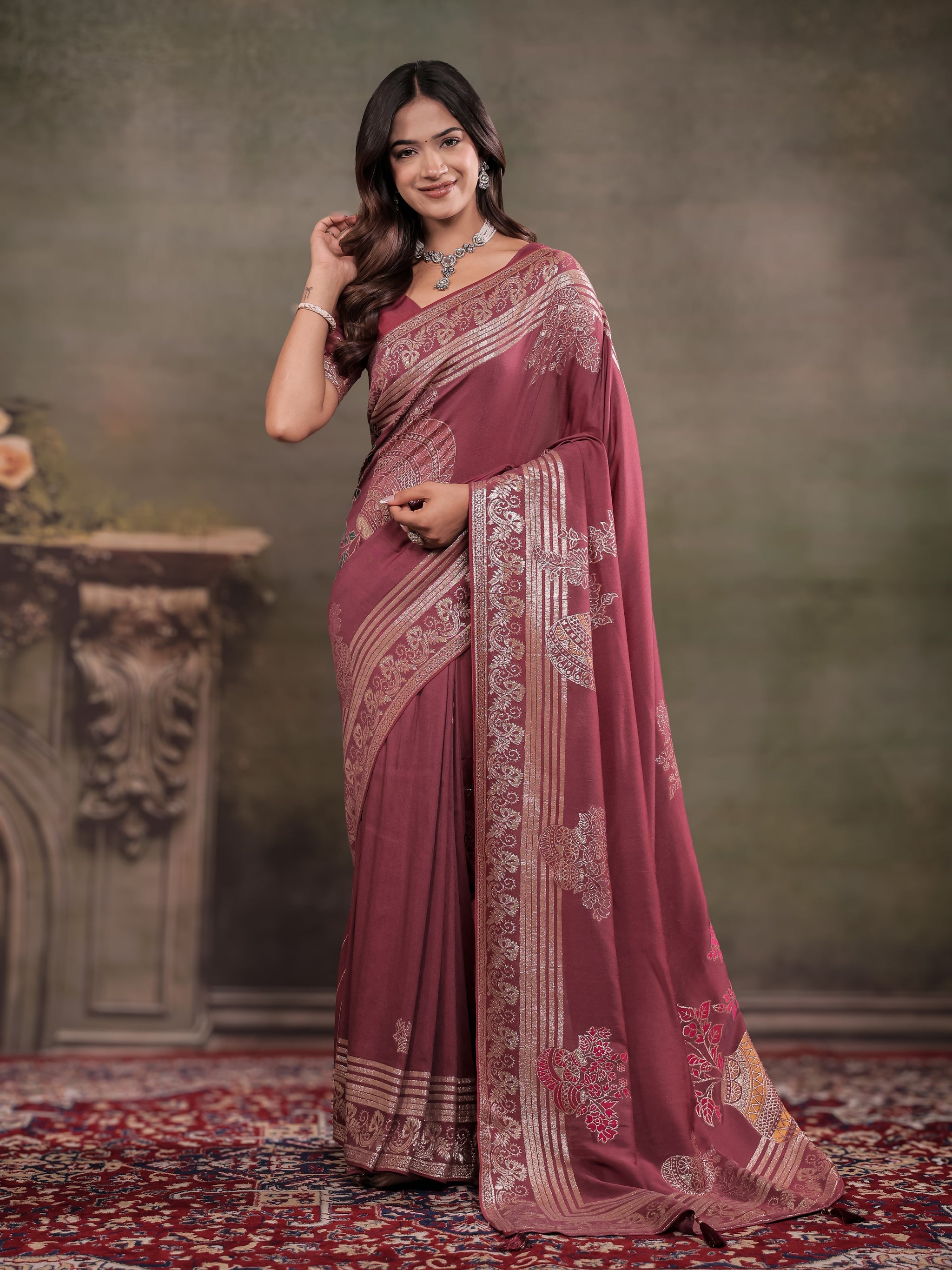 Dusty Rose Nylon Viscose Pure Saree with Silver Woven Border, Floral Botanical Design, Elegant Designer Pallu & Tassel Edges