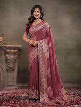Dusty Rose Nylon Viscose Pure Saree with Silver Woven Border, Floral Botanical Design, Elegant Designer Pallu & Tassel Edges