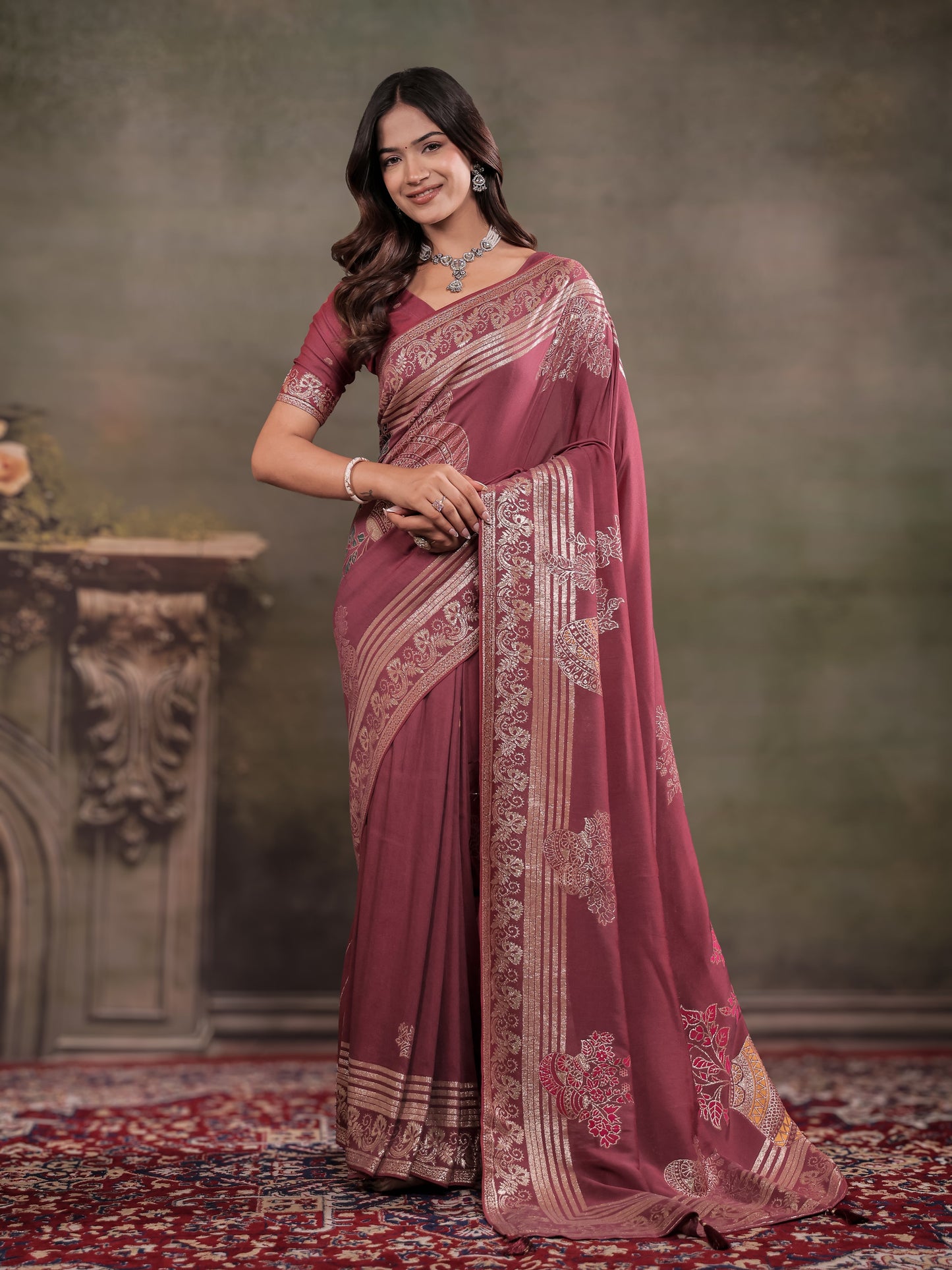 Dusty Rose Nylon Viscose Pure Saree with Silver Woven Border, Floral Botanical Design, Elegant Designer Pallu & Tassel Edges