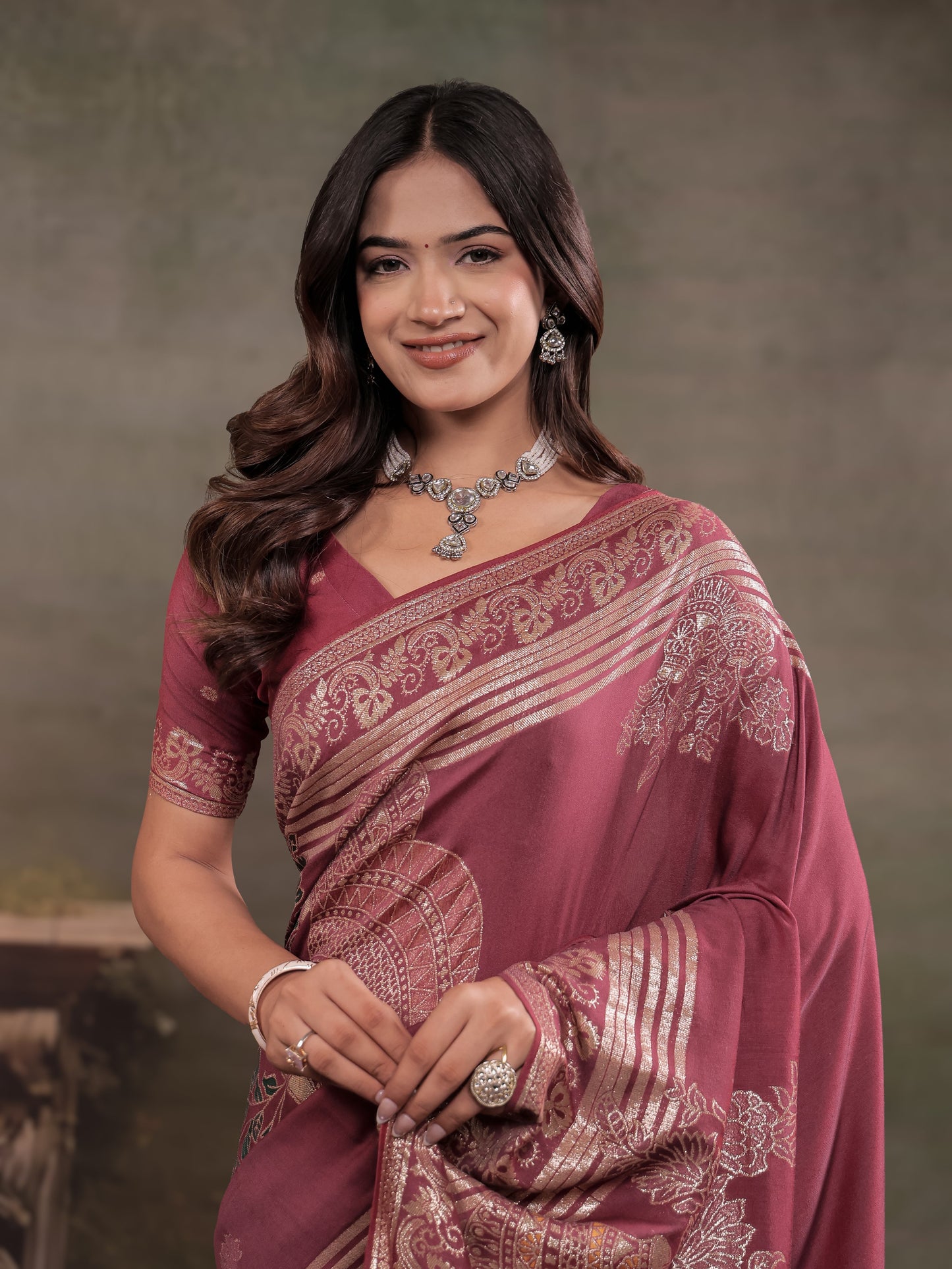 Dusty Rose Nylon Viscose Pure Saree with Silver Woven Border, Floral Botanical Design, Elegant Designer Pallu & Tassel Edges