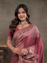 Dusty Rose Nylon Viscose Pure Saree with Silver Woven Border, Floral Botanical Design, Elegant Designer Pallu & Tassel Edges