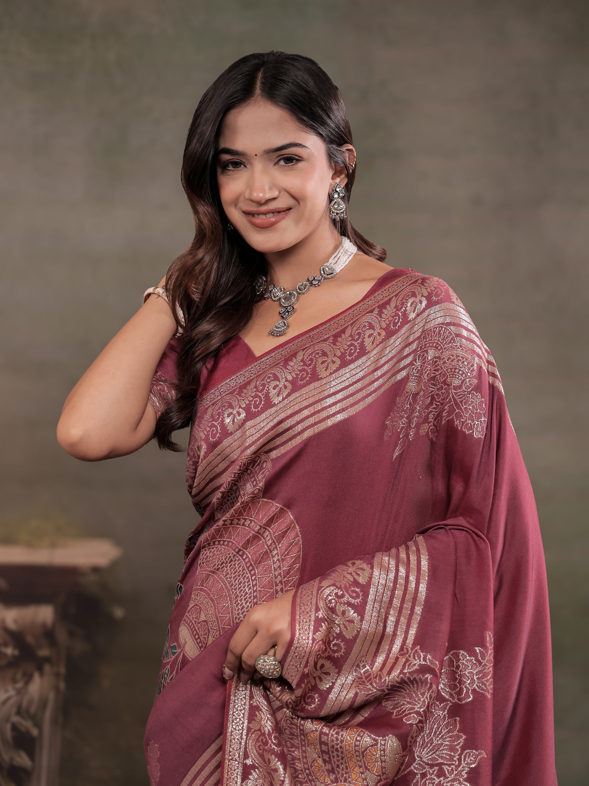 Dusty Rose Nylon Viscose Pure Saree with Silver Woven Border, Floral Botanical Design, Elegant Designer Pallu & Tassel Edges