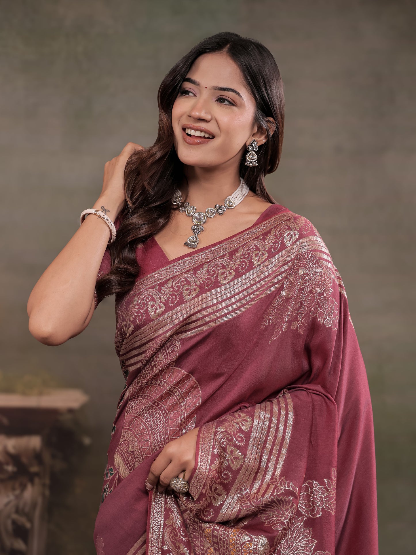 Dusty Rose Nylon Viscose Pure Saree with Silver Woven Border, Floral Botanical Design, Elegant Designer Pallu & Tassel Edges