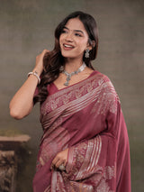 Dusty Rose Nylon Viscose Pure Saree with Silver Woven Border, Floral Botanical Design, Elegant Designer Pallu & Tassel Edges