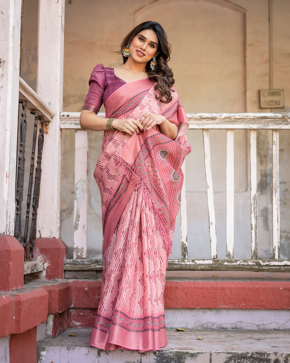 Printed Peach Color Linen Saree for Women with Multicolor Pallu and Ethnic Border – Lightweight Casual Wear