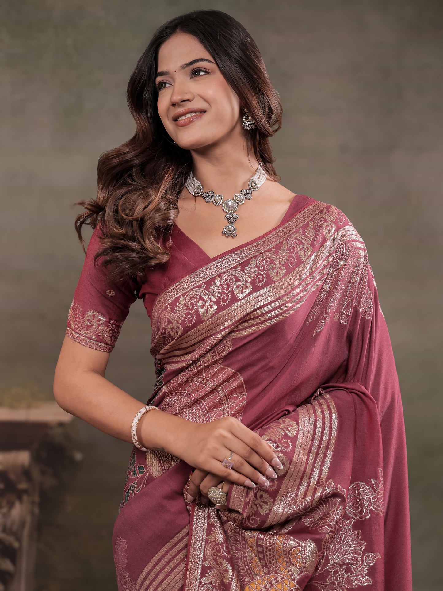 Dusty Rose Nylon Viscose Pure Saree with Silver Woven Border, Floral Botanical Design, Elegant Designer Pallu & Tassel Edges