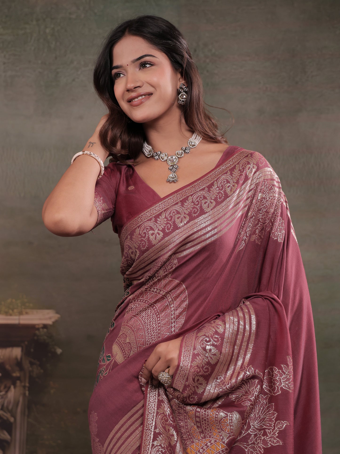 Dusty Rose Nylon Viscose Pure Saree with Silver Woven Border, Floral Botanical Design, Elegant Designer Pallu & Tassel Edges