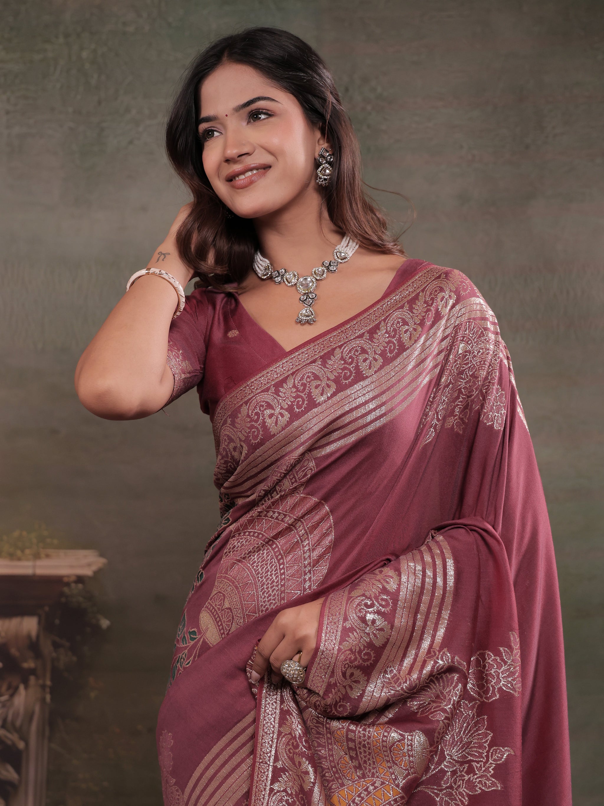 Dusty Rose Nylon Viscose Pure Saree with Silver Woven Border, Floral Botanical Design, Elegant Designer Pallu & Tassel Edges