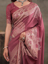 Dusty Rose Nylon Viscose Pure Saree with Silver Woven Border, Floral Botanical Design, Elegant Designer Pallu & Tassel Edges