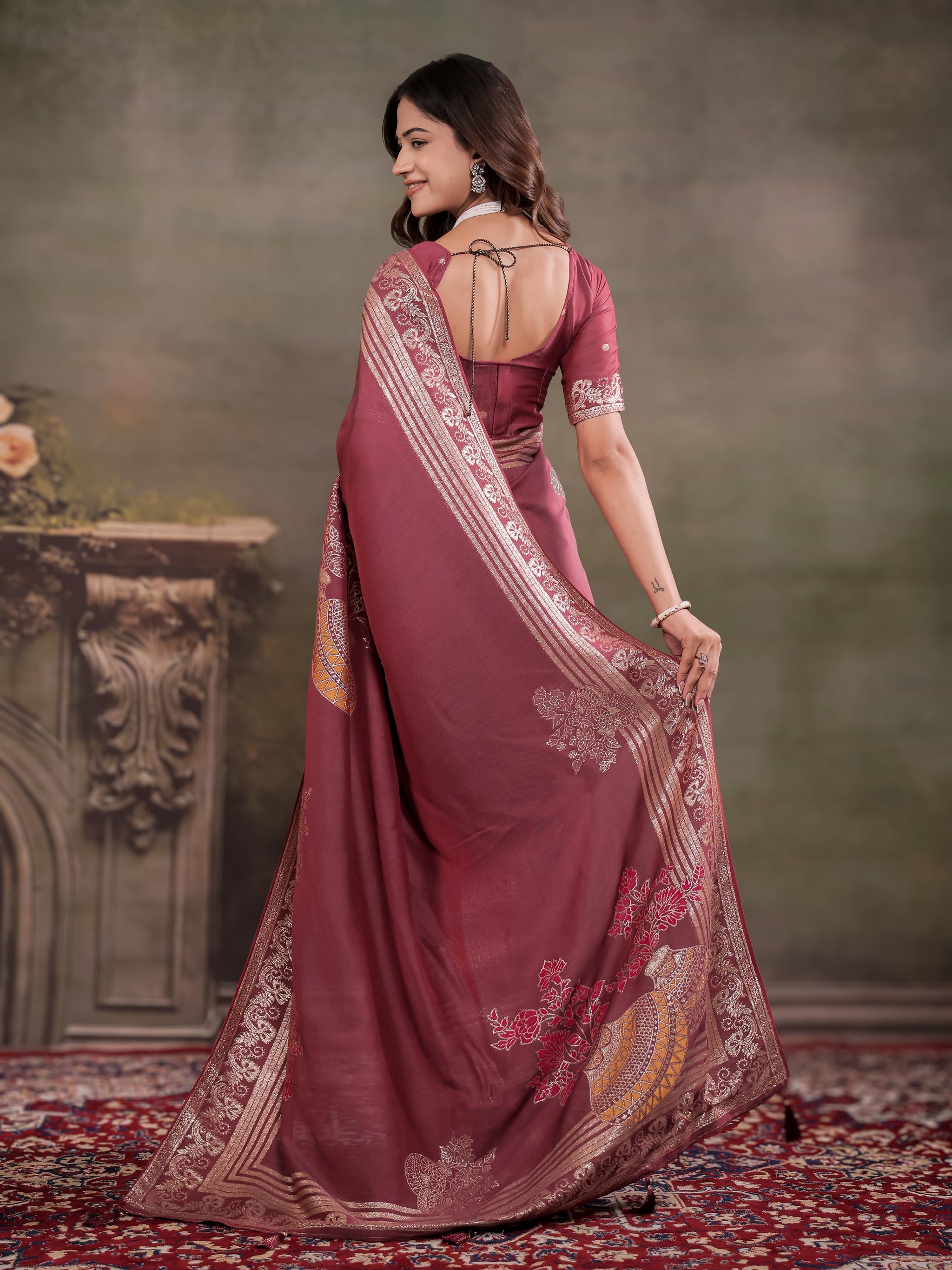 Dusty Rose Nylon Viscose Pure Saree with Silver Woven Border, Floral Botanical Design, Elegant Designer Pallu & Tassel Edges
