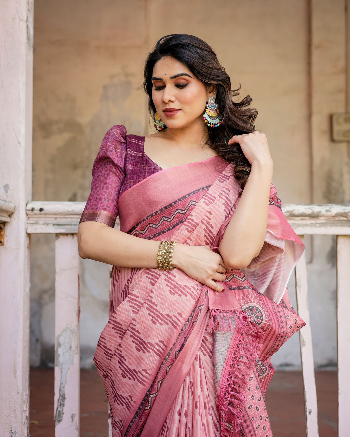 Elegant multicolor linen saree with traditional patterns lightweight festive wear