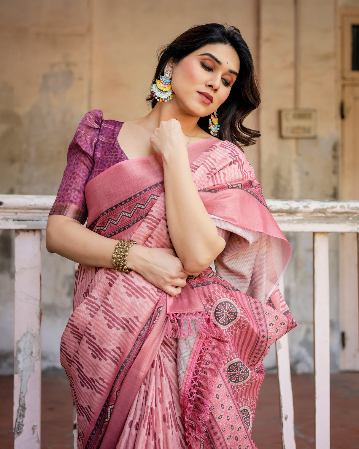 Elegant multicolor linen saree with traditional patterns lightweight festive wear
