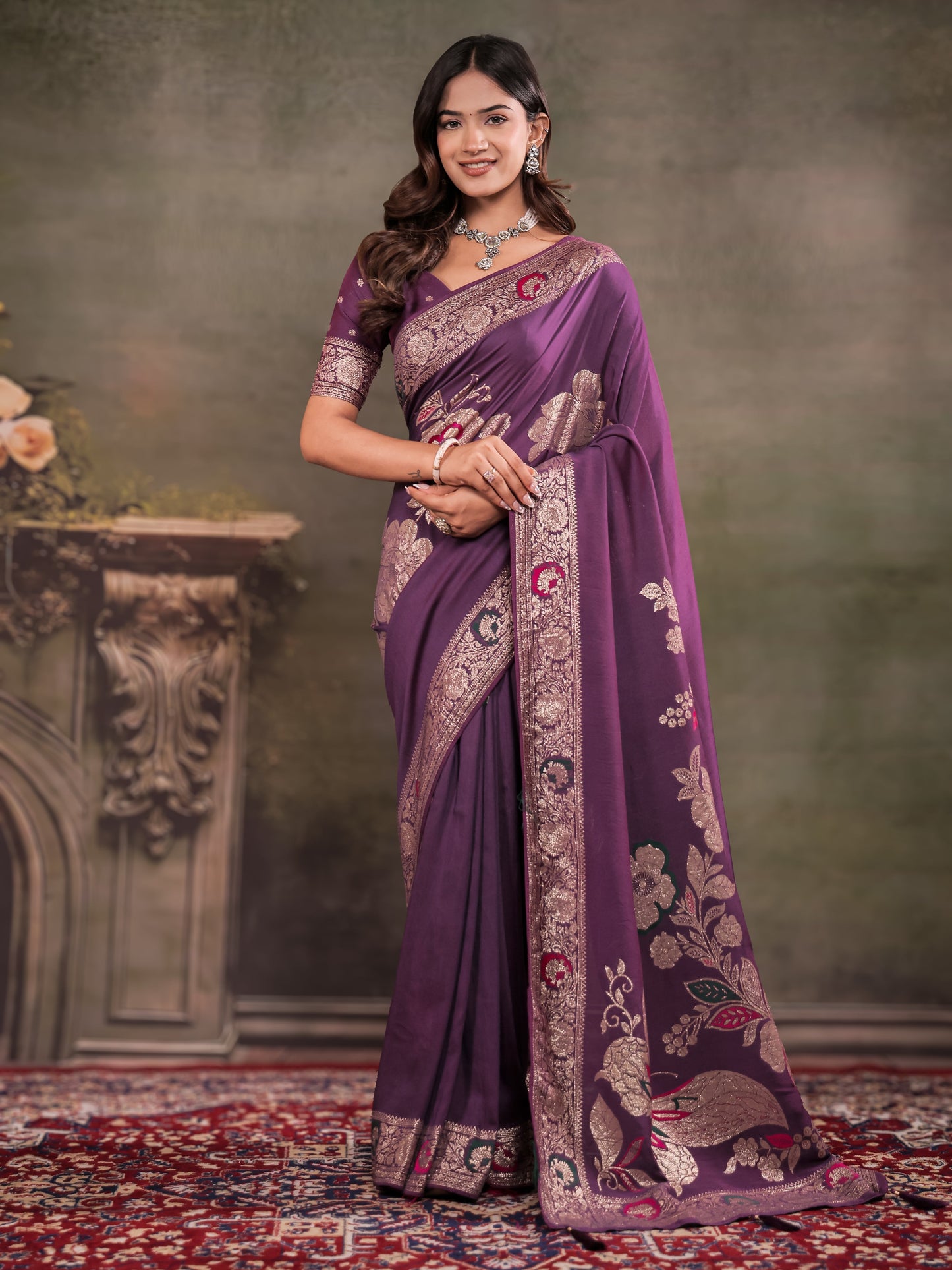 Plum Purple Nylon Viscose Pure Saree with Floral Woven Border, Elegant Botanical Design, Designer Pallu & Tassel Edges